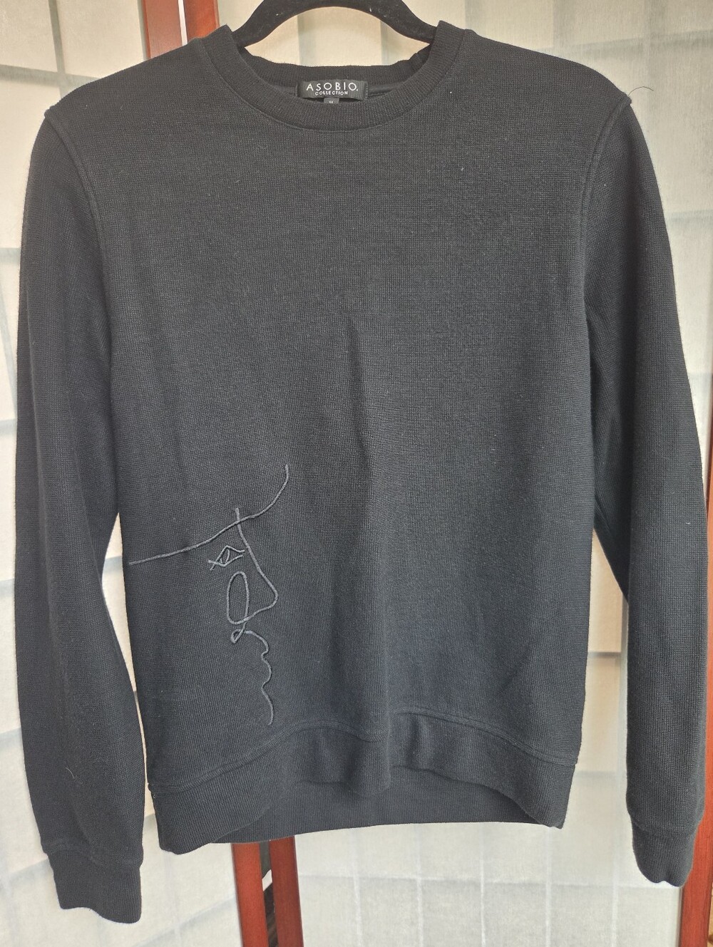 Embroidered Face Knit Sweater Black Abstract Line Art Minimalist Goth M
